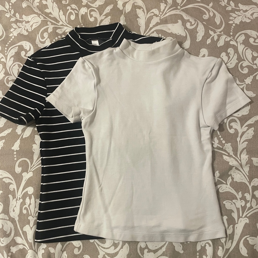 American Apparel Black & White Striped Short Sleeve Mock Neck Top (+bonus item)